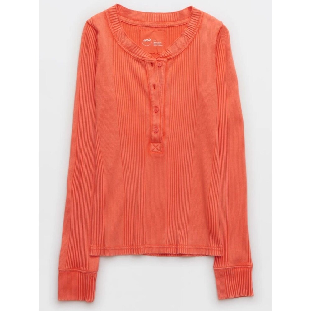 Aerie Road Trip Coral Ribbed Stretchy Long Sleeve Henley Sz XXL